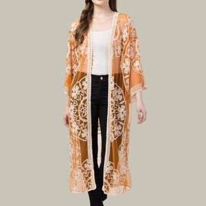 Ana & Rose Floral Lace Mesh Kimono Cardigan Women L Orange Boho Sheer Beach Chic
